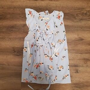 E & M Blouse Women S Pastel Blue Floral Ruffle Lace Up Sleeveless Pullover